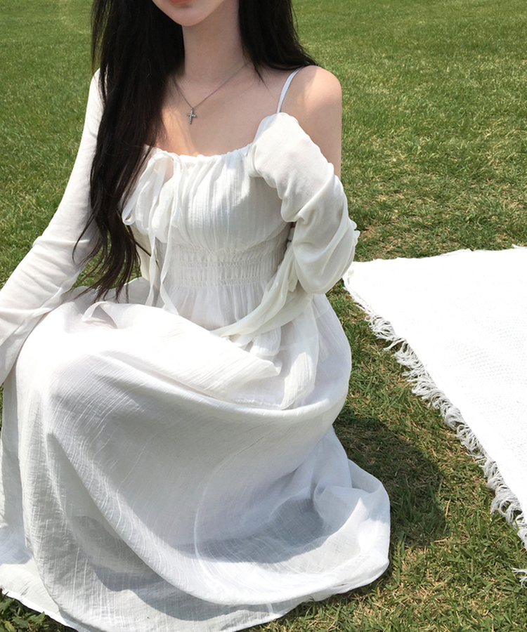 휴양지룩 연유 리본 나시 롱 원피스 스모크밴딩 조절끈 안감내장 체형보정 허리잘록핏 휴가룩 데이트룩 여름원피스여름신상썸머 화이트