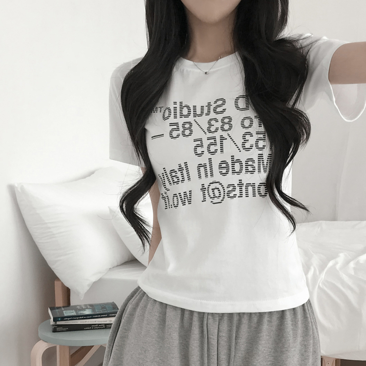 レタリングラウンドセミクロップドTシャツ WHITE