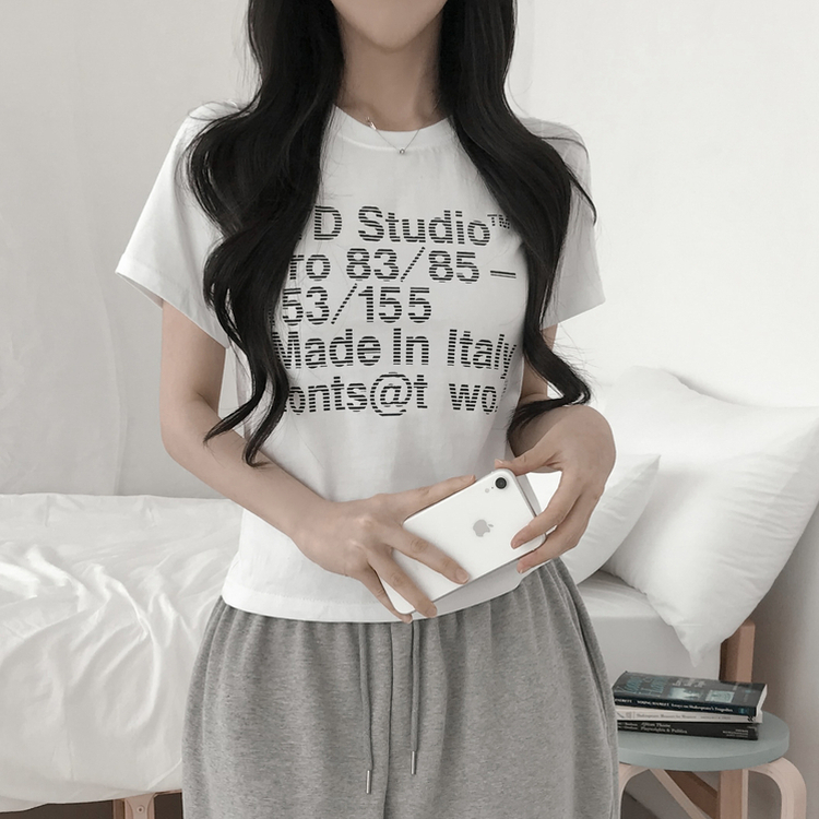 レタリングラウンドセミクロップドTシャツ WHITE
