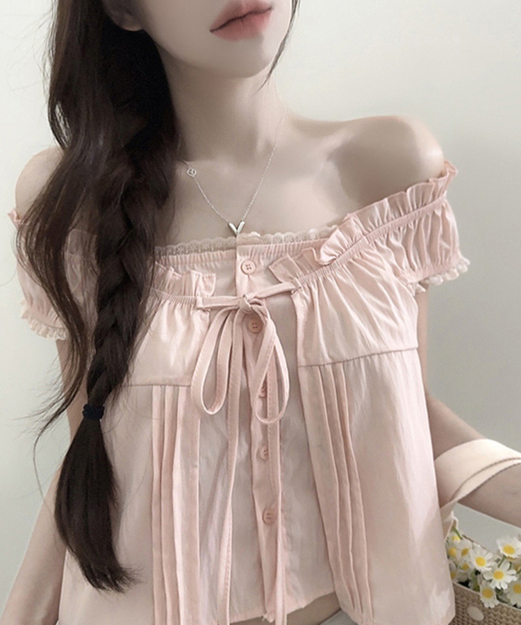 リボンフリル半袖オフショルダーブラウス PINK