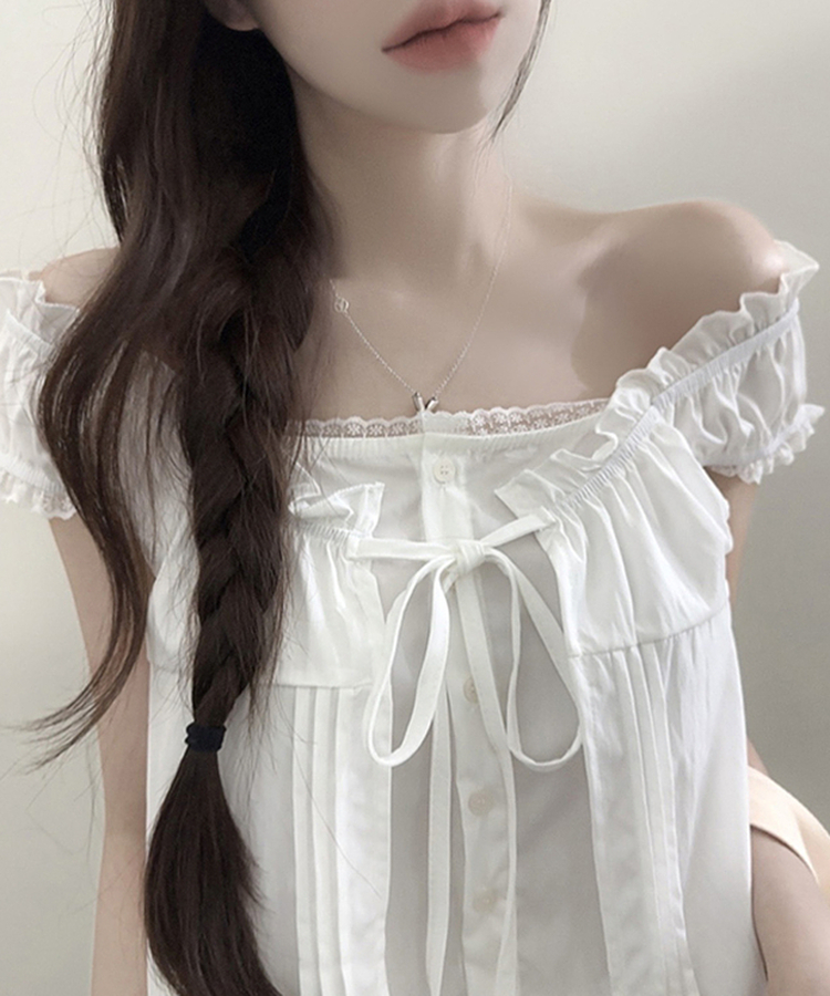 リボンフリル半袖オフショルダーブラウス IVORY