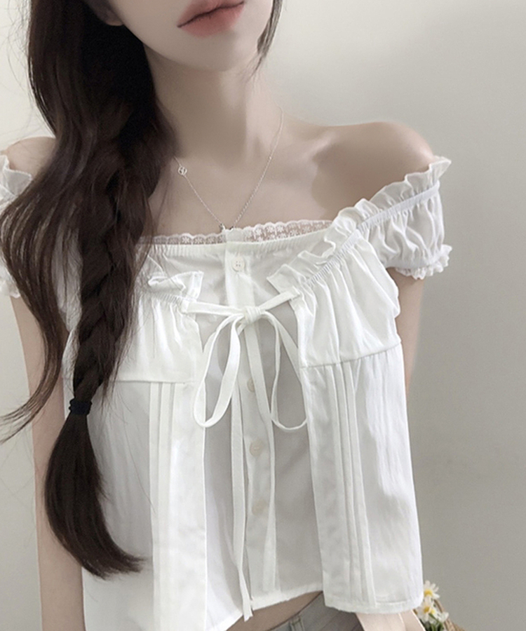 リボンフリル半袖オフショルダーブラウス IVORY