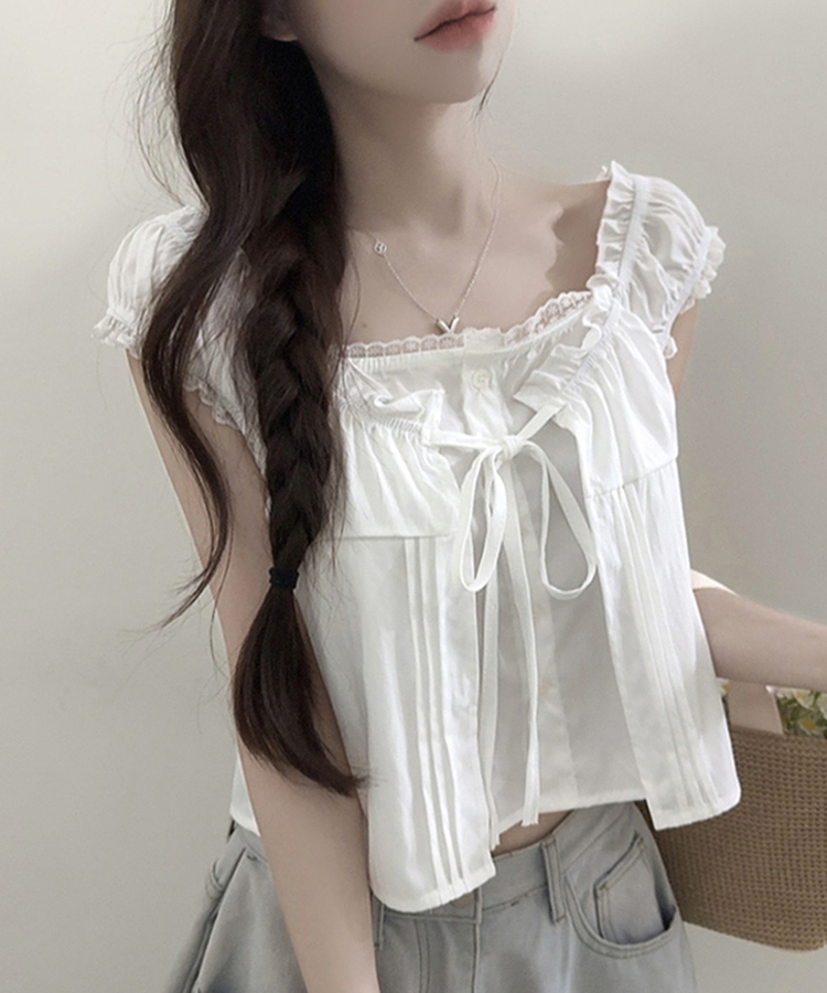 リボンフリル半袖オフショルダーブラウス IVORY