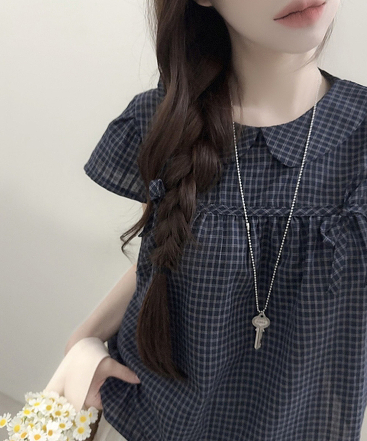 チェック丸襟リボンキャップスリーブブラウス NAVY