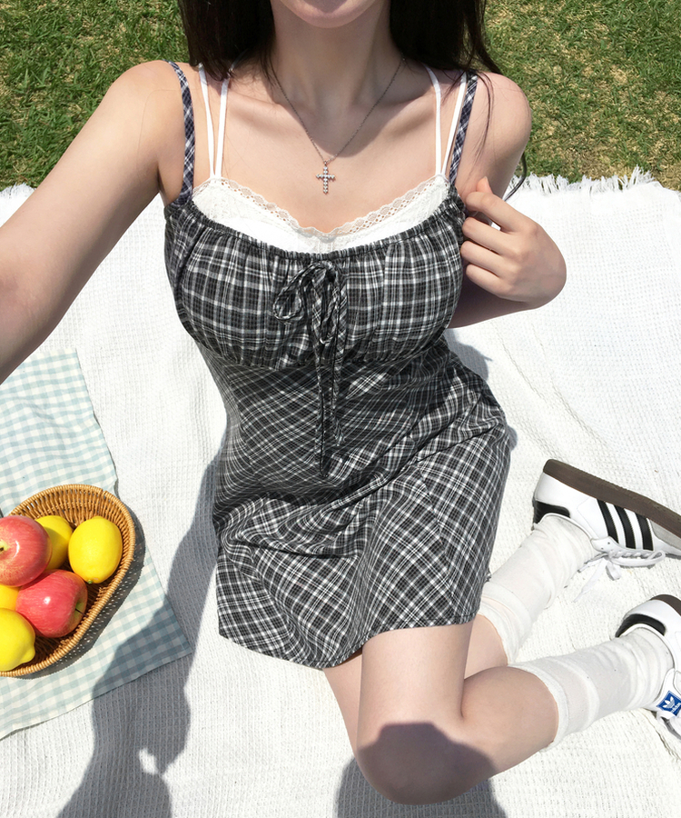 チェックキャミソールミニワンピース BLACK
