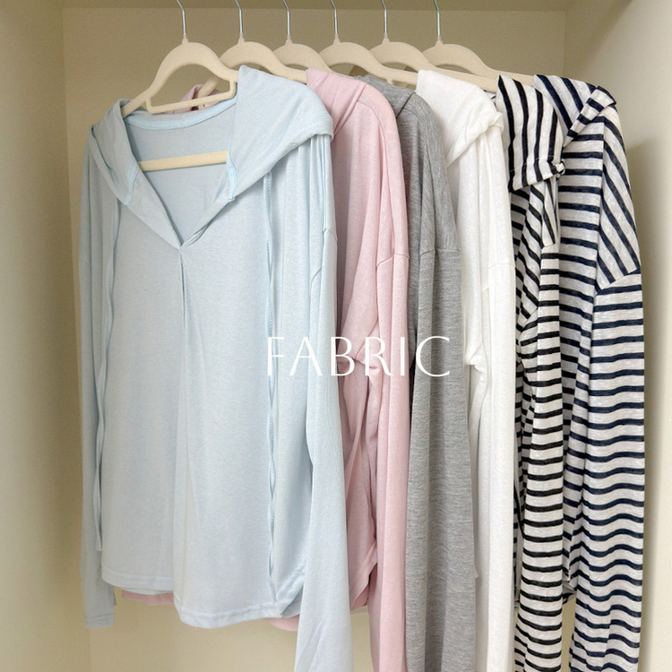 シンプルボーダーフード長袖Tシャツ(6color)