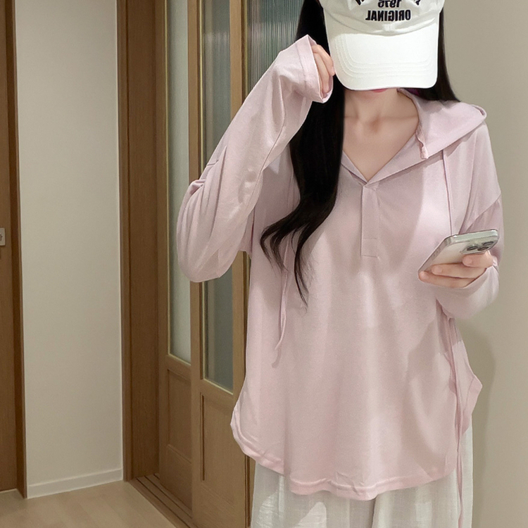 シンプルボーダーフード長袖Tシャツ(6color) PINK