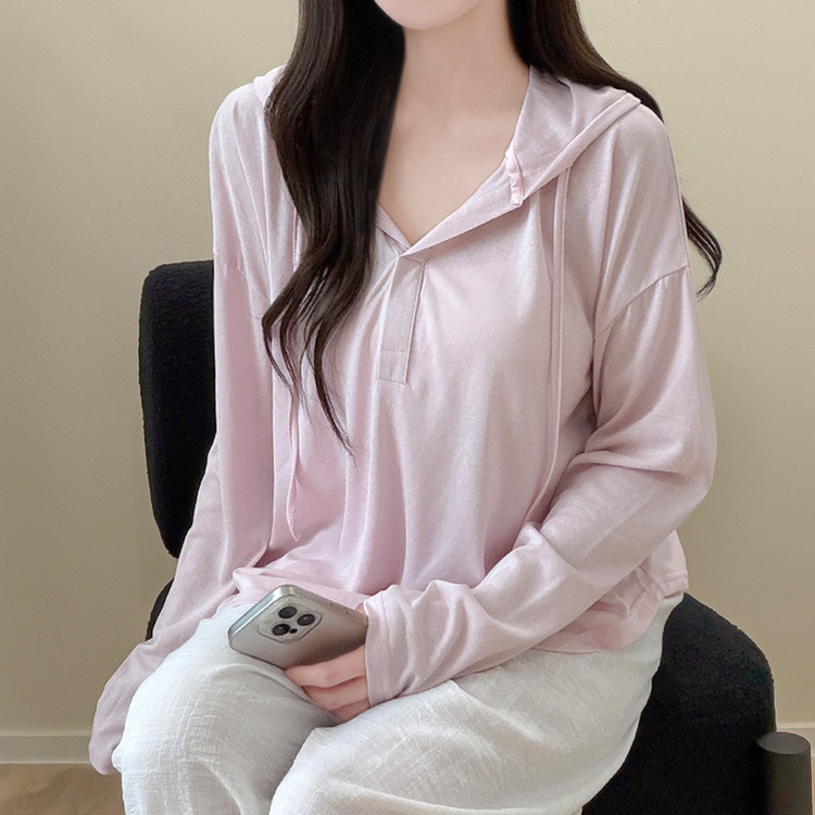 シンプルボーダーフード長袖Tシャツ(6color) PINK