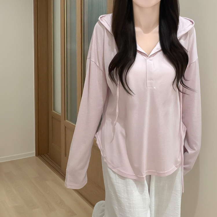 シンプルボーダーフード長袖Tシャツ(6color) PINK