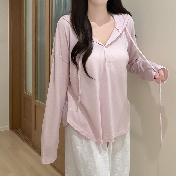 シンプルボーダーフード長袖Tシャツ(6color) PINK