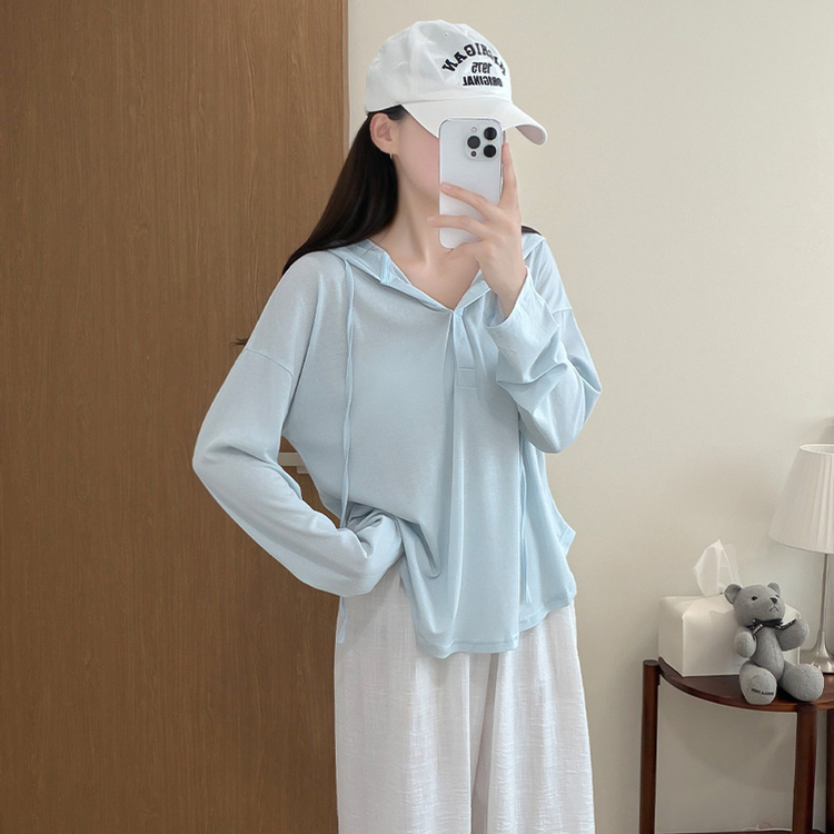 シンプルボーダーフード長袖Tシャツ(6color) SKY BLUE