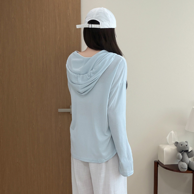 シンプルボーダーフード長袖Tシャツ(6color) SKY BLUE