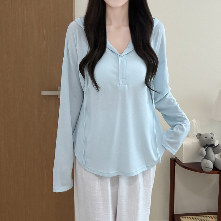 シンプルボーダーフード長袖Tシャツ(6color) SKY BLUE
