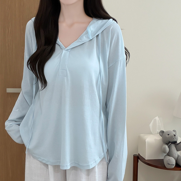 シンプルボーダーフード長袖Tシャツ(6color) SKY BLUE