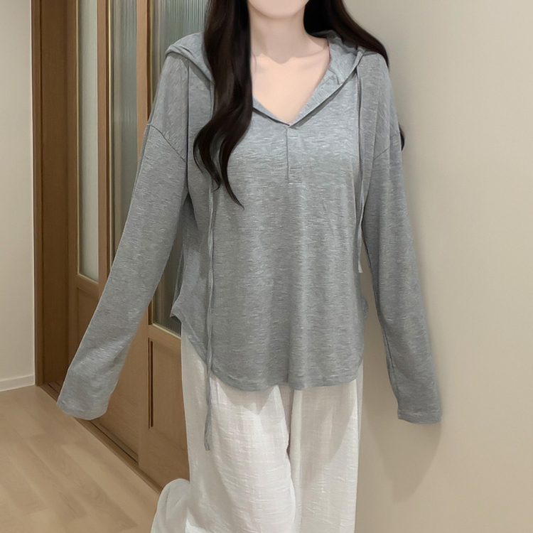 シンプルボーダーフード長袖Tシャツ(6color) GREY