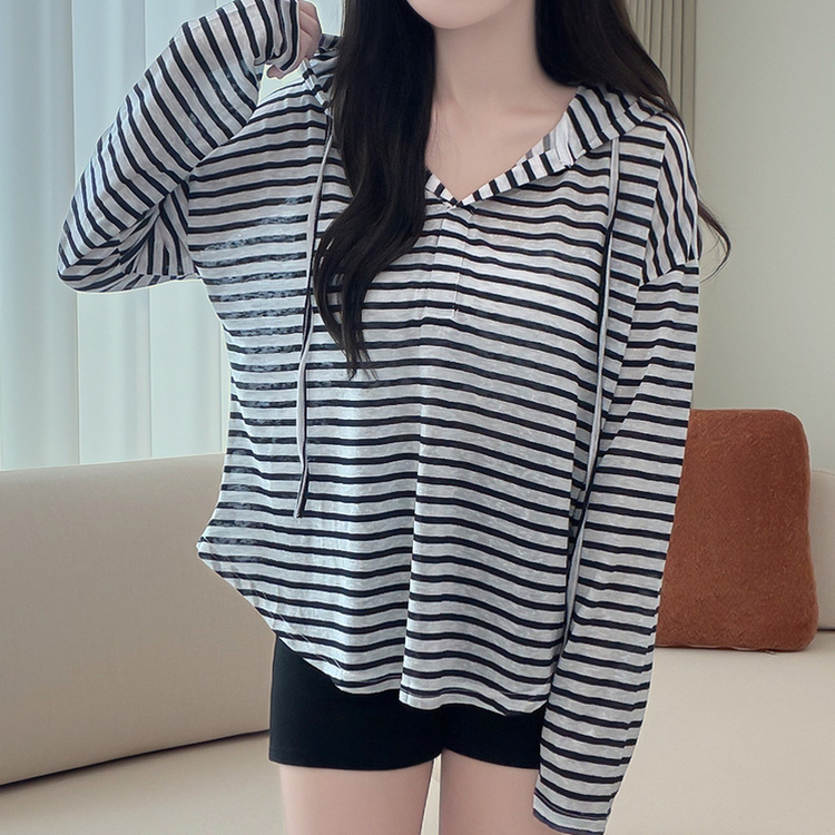 シンプルボーダーフード長袖Tシャツ(6color) IVORY