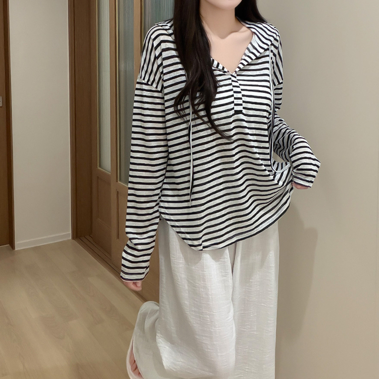 シンプルボーダーフード長袖Tシャツ(6color) CHARCOAL