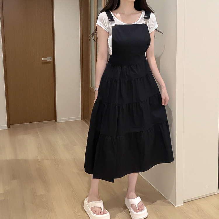ティアードビスチェサロペットロングワンピース BLACK
