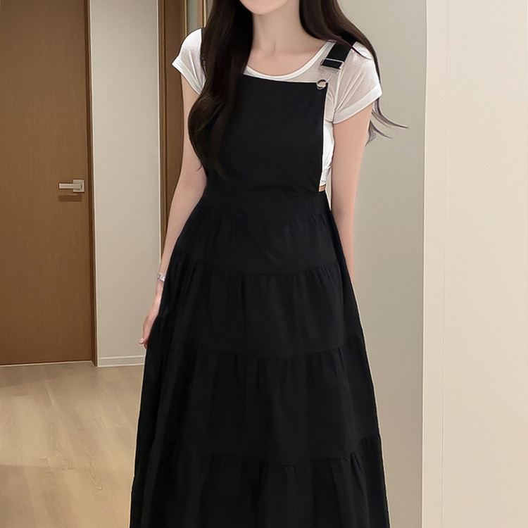 ティアードビスチェサロペットロングワンピース BLACK
