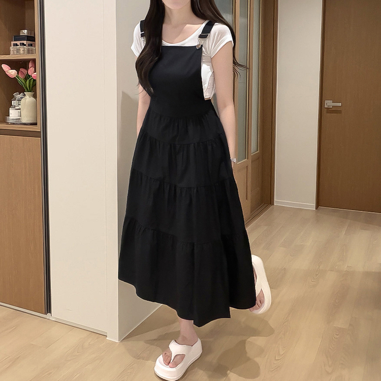 ティアードビスチェサロペットロングワンピース BLACK