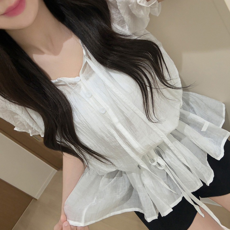 シアーフリルパフシャーリング半袖ブラウス WHITE