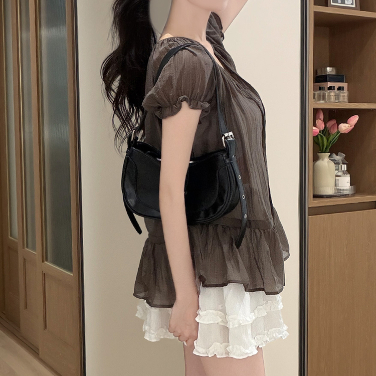 シアーフリルパフシャーリング半袖ブラウス BROWN