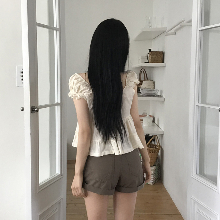 レースボタンフリル半袖ブラウス CREAM