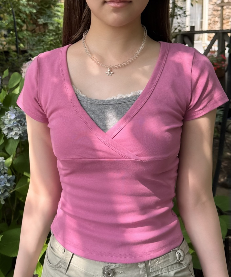랩 브이넥 반팔티 다크핑크