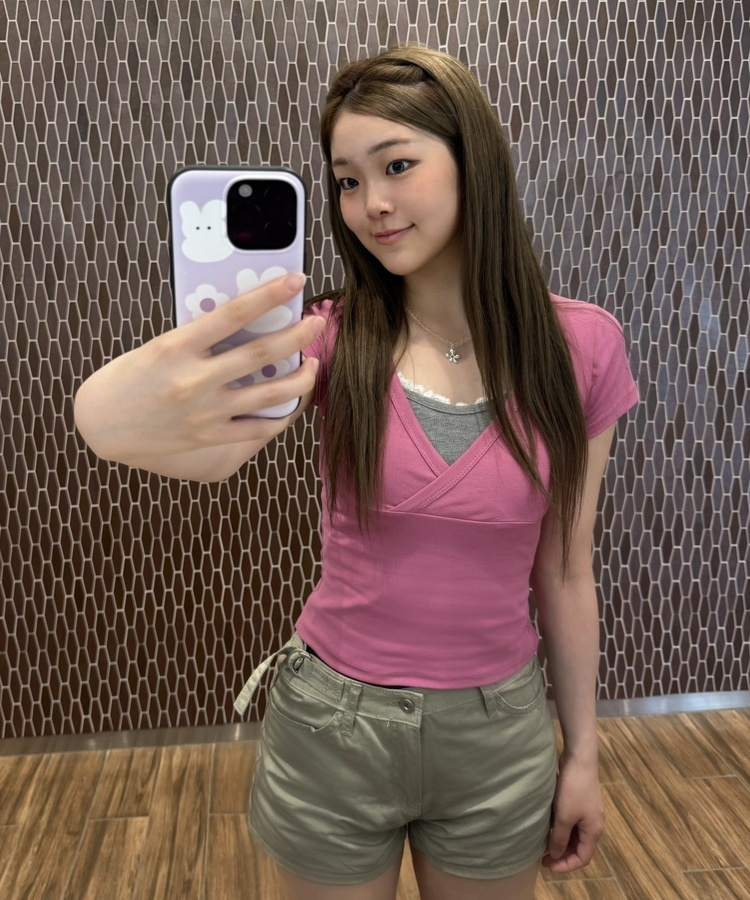랩 브이넥 반팔티 다크핑크