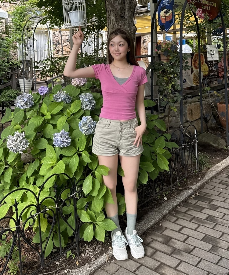 랩 브이넥 반팔티 다크핑크