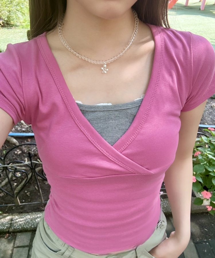 랩 브이넥 반팔티 다크핑크