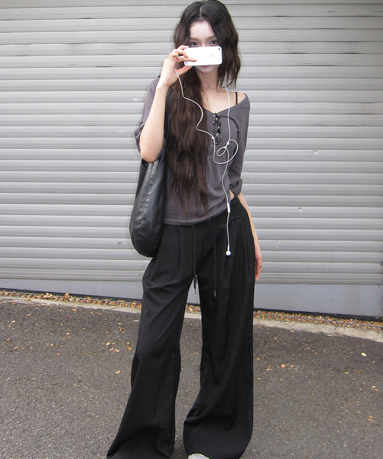 ピンタックボタン7分丈Tシャツ CHARCOAL