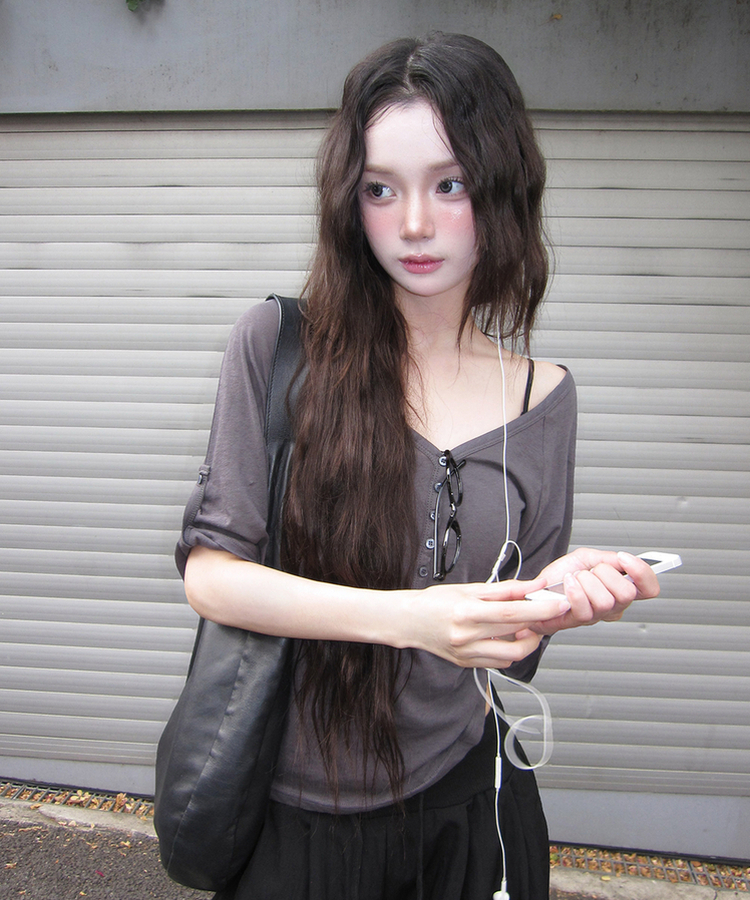 ピンタックボタン7分丈Tシャツ CHARCOAL