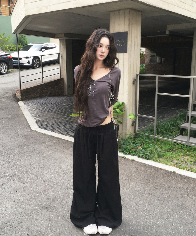 ピンタックボタン7分丈Tシャツ CHARCOAL