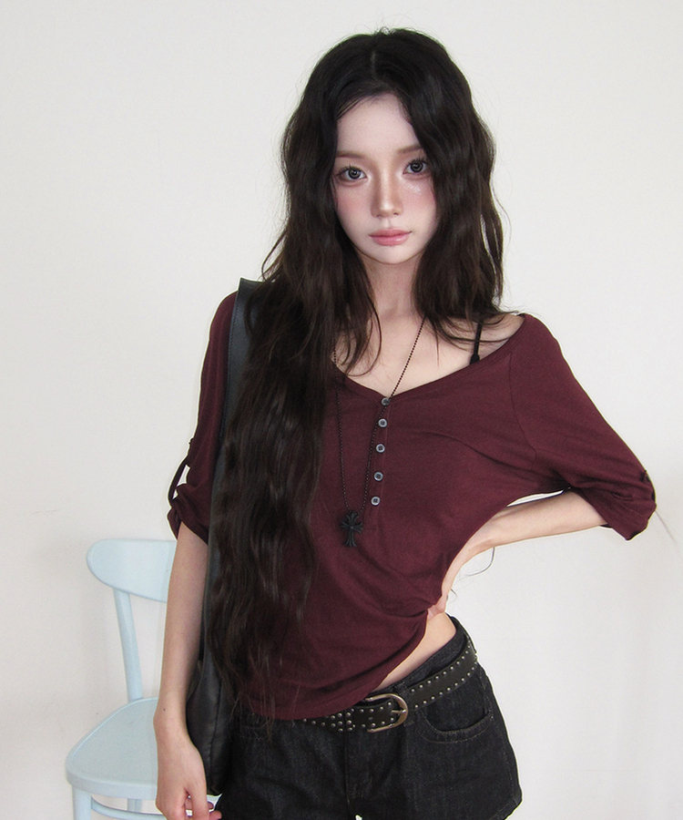 ピンタックボタン7分丈Tシャツ BURGUNDY