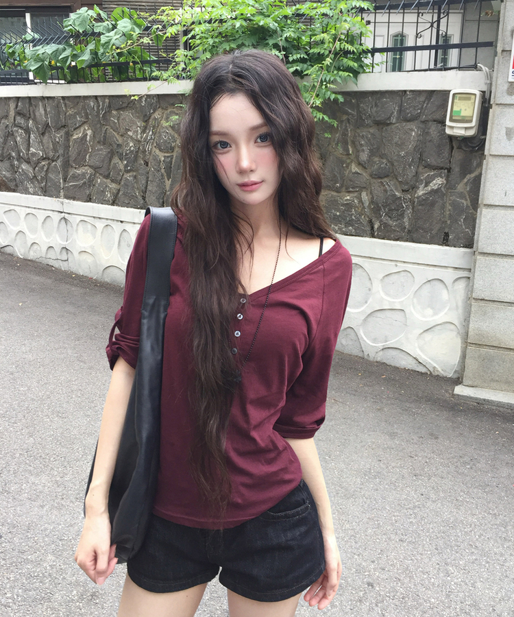 ピンタックボタン7分丈Tシャツ BURGUNDY