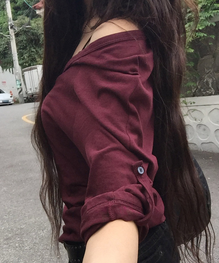 ピンタックボタン7分丈Tシャツ BURGUNDY