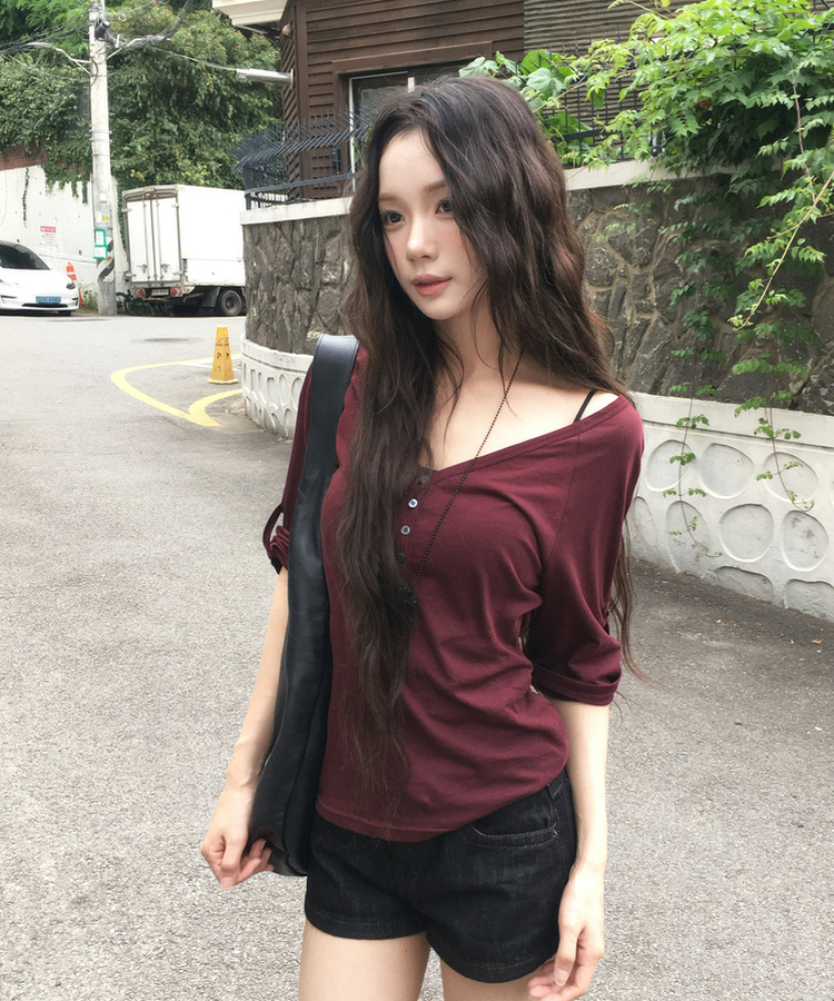 ピンタックボタン7分丈Tシャツ BURGUNDY