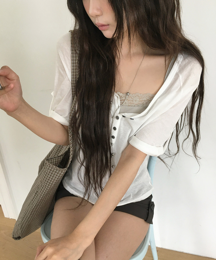 ピンタックボタン7分丈Tシャツ IVORY