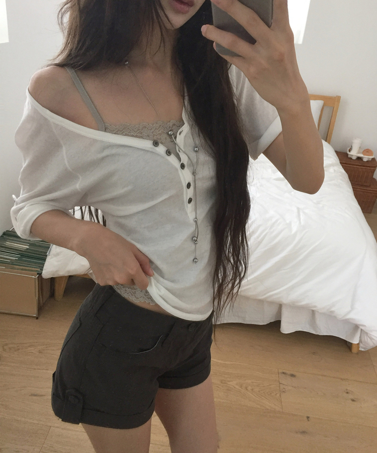 ピンタックボタン7分丈Tシャツ IVORY