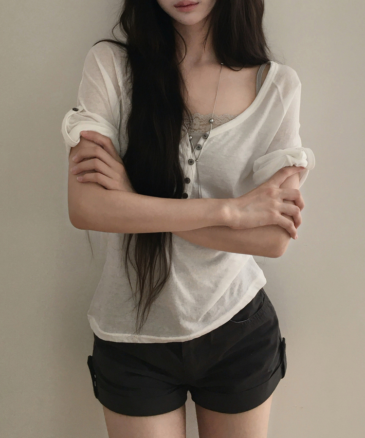 ピンタックボタン7分丈Tシャツ IVORY