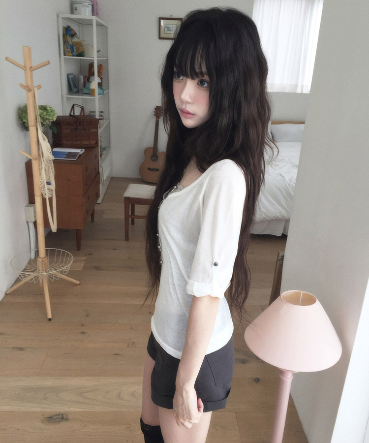 ピンタックボタン7分丈Tシャツ IVORY