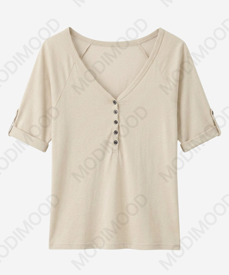 ピンタックボタン7分丈Tシャツ