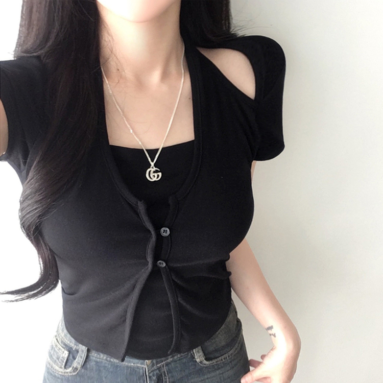 ホルターネックスリット半袖Tシャツ BLACK