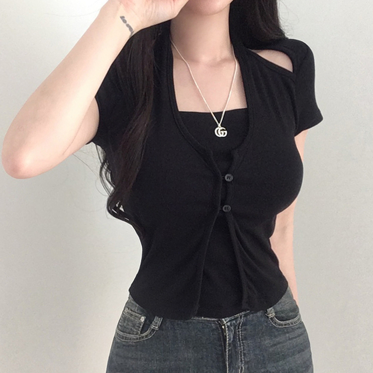 ホルターネックスリット半袖Tシャツ BLACK
