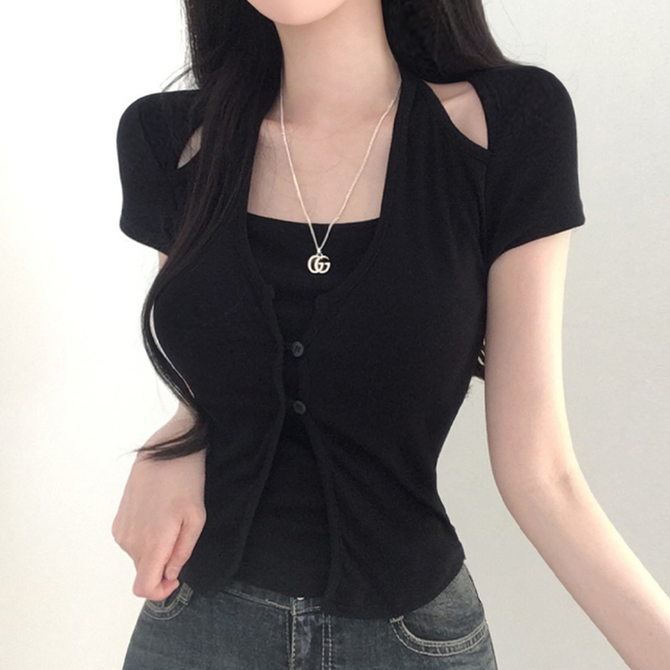 ホルターネックスリット半袖Tシャツ BLACK