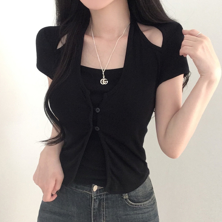 ホルターネックスリット半袖Tシャツ BLACK