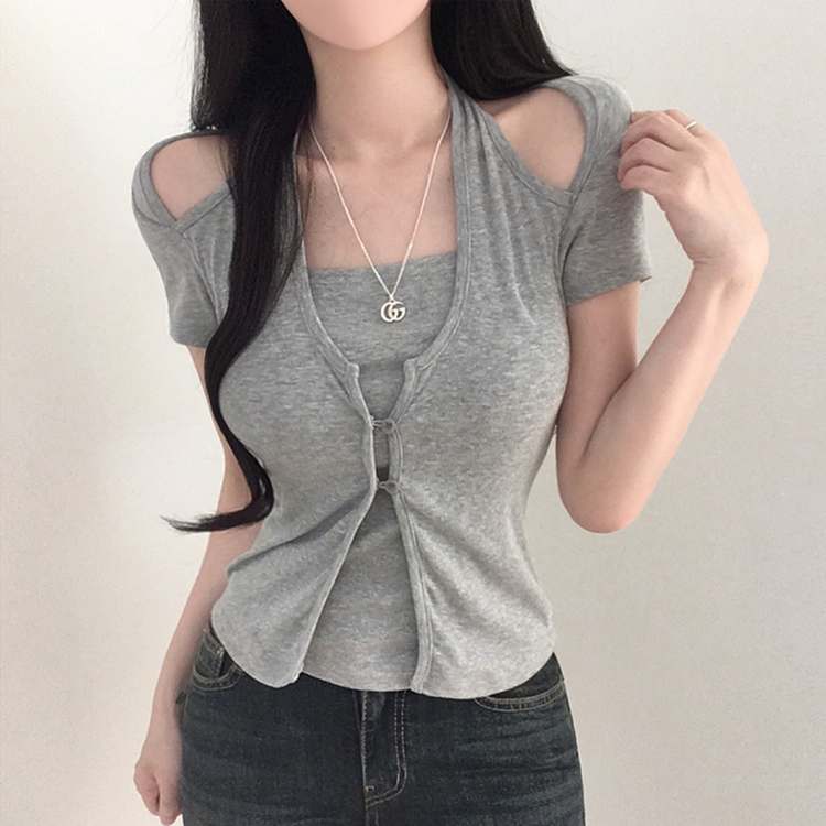 ホルターネックスリット半袖Tシャツ GRAY