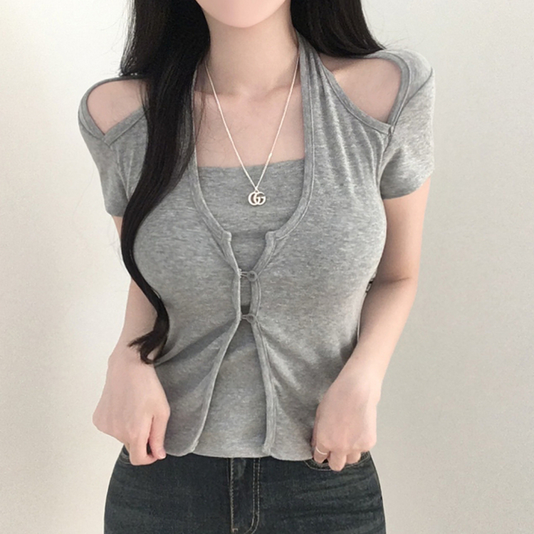 ホルターネックスリット半袖Tシャツ GRAY