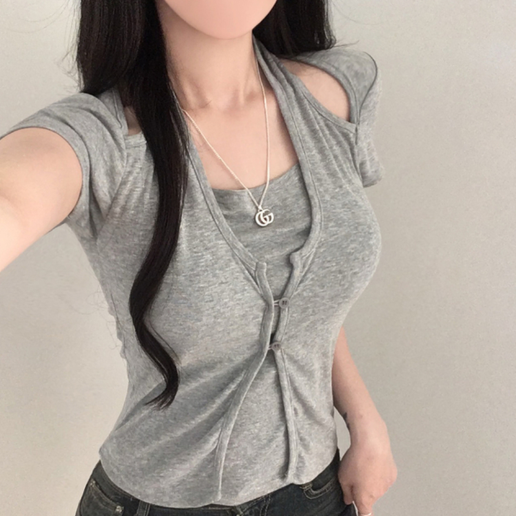 ホルターネックスリット半袖Tシャツ GRAY